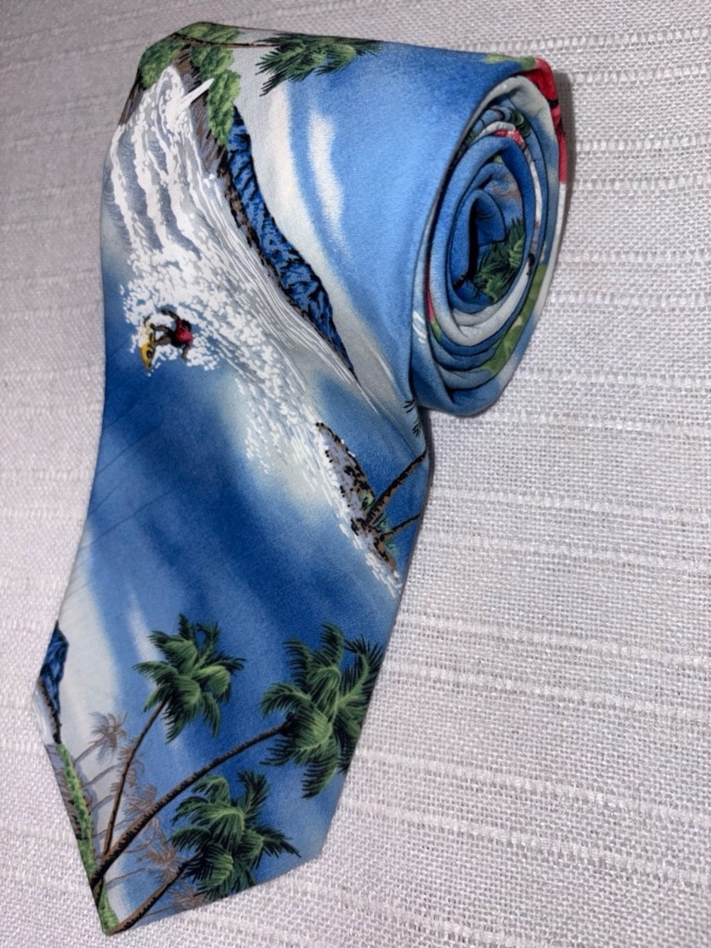 Pacific Legend Hawaiian Necktie Blue Surfing Palm Trees Cotton OS EUC